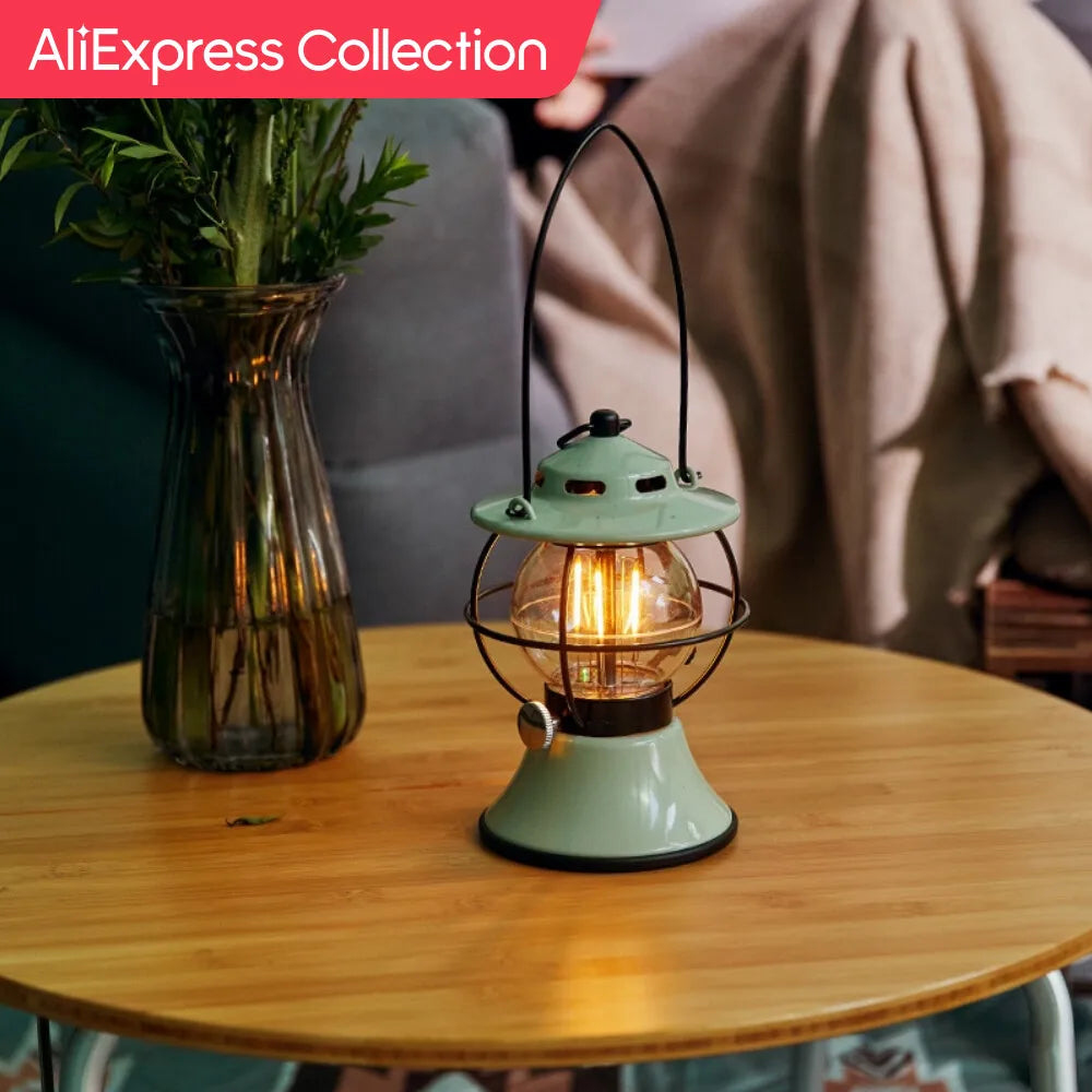 LED Retro Outdoor Camping Lantern Rechargeable Tent Light Adjust Light Modes 200h Runtime 5200mAh Power