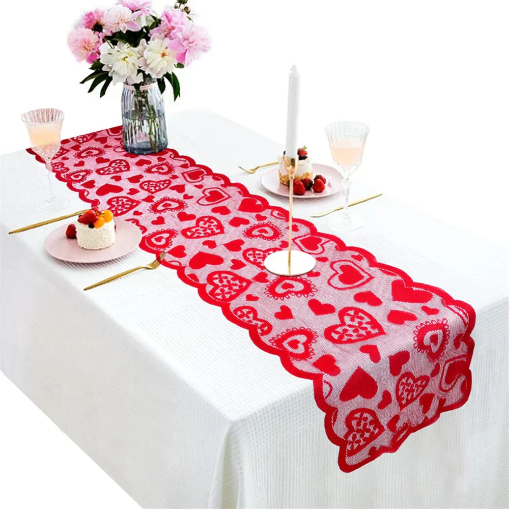 Elegant Valentine's Day Lace Table Runner Set - Red Poinsettia Design