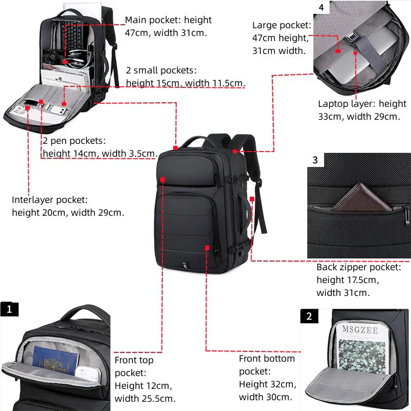 Expandable 17-Inch Laptop Backpack for Men 11 Pockets Black