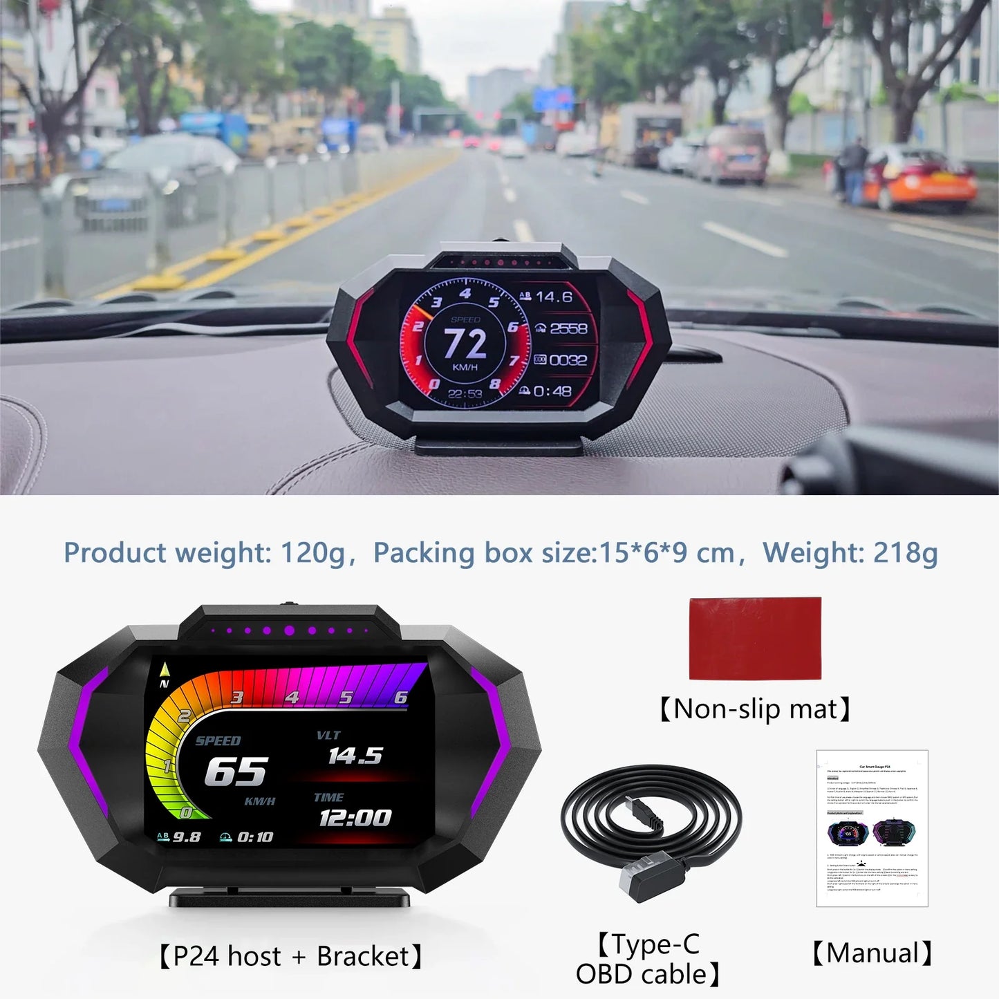 AD Digital Car HUD GPS OBD2 Head Up Display with Slope Meter Black
