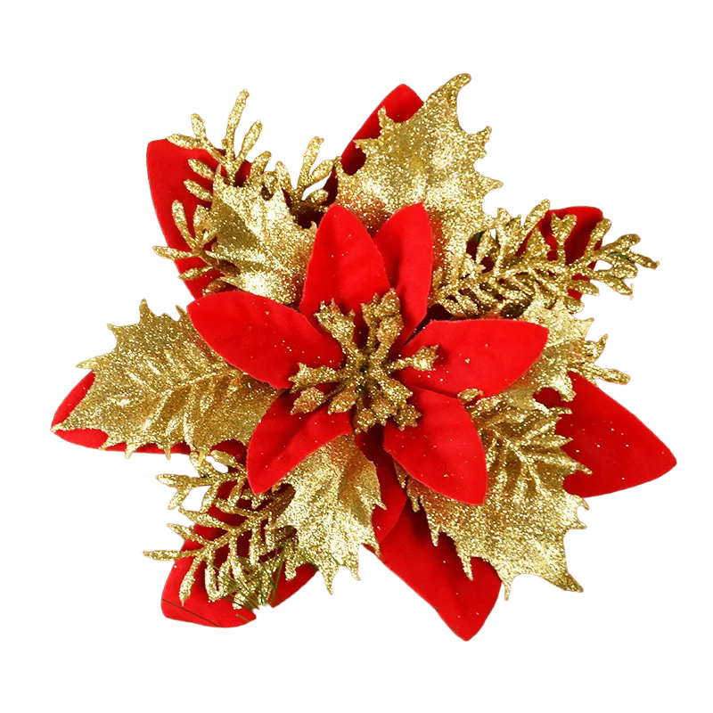 10Pcs 14cm Glitter Artificial Christmas Flowers - Red Gold Xmas Tree Ornaments