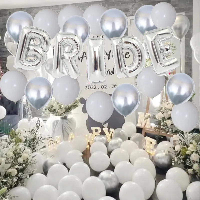 63-Piece Silver White Bride To Be Balloon Set: Bridal Bachelor Party Decorations