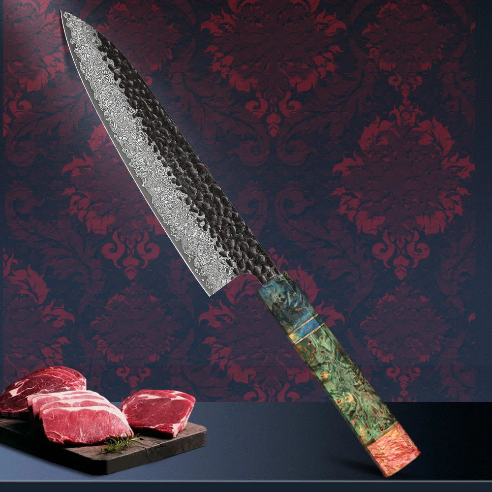 8-Inch Forged Damascus Steel Chef Knife Custom Stainless Blade Green