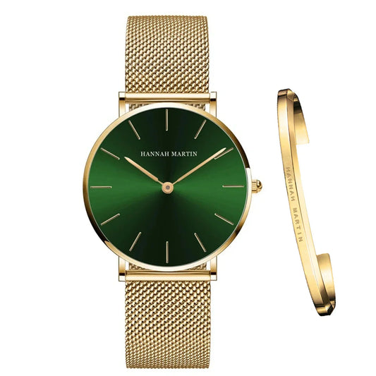 Women's Mesh Bracelet Watch Set (Green Gold)