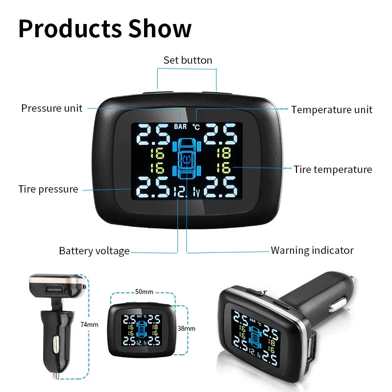 Smart USB Wireless Tire Pressure Monitoring System with Solar Charging Black