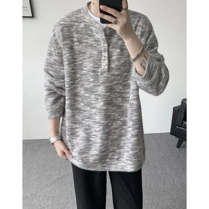 Korean Style Striped Henley Knit Sweater