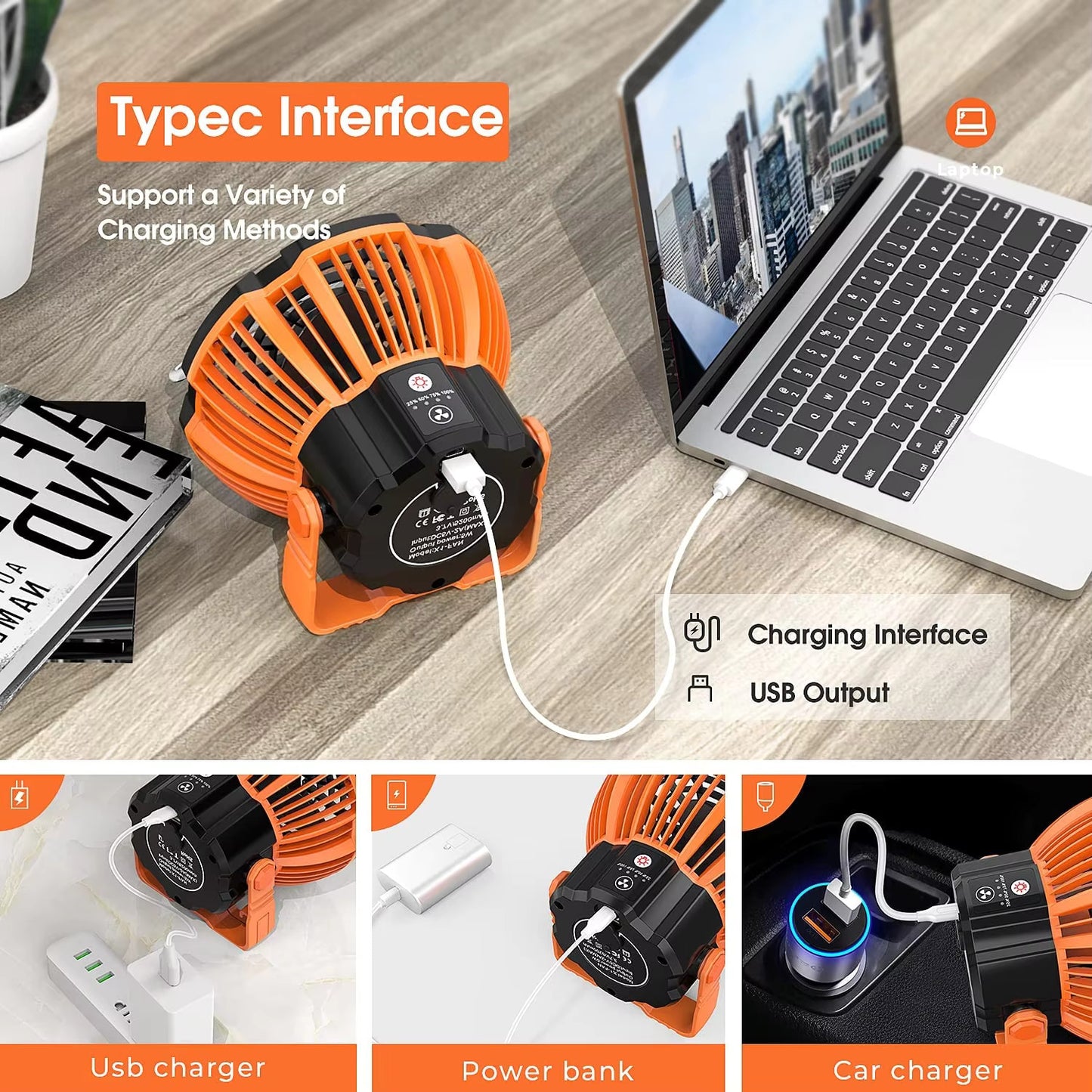 2-in-1 Rechargeable USB Tent Ceiling Fan with LED Light - Orange