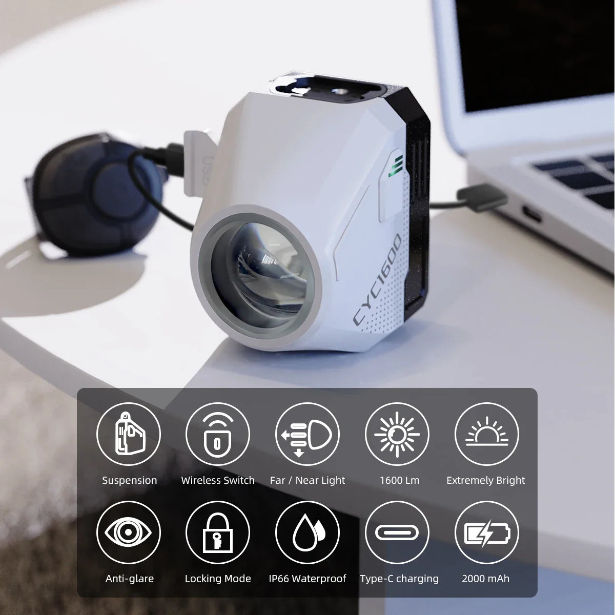 Ultra-Bright 1600 Lumen Bike Headlight Remote White