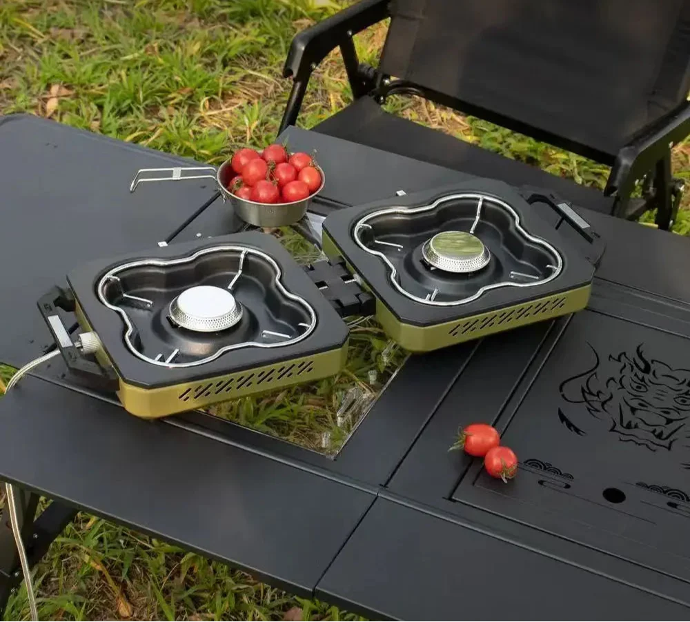 Double Burner Camping Stove High Firepower Gas Green