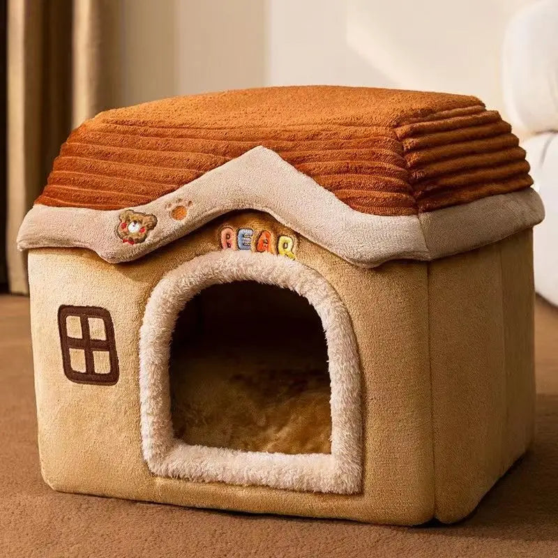 Foldable Soft Pet House And Bed Detachable Cave-Style Nest Brown