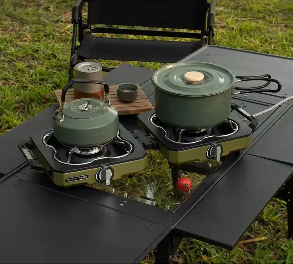 Double Burner Camping Stove High Firepower Gas Green