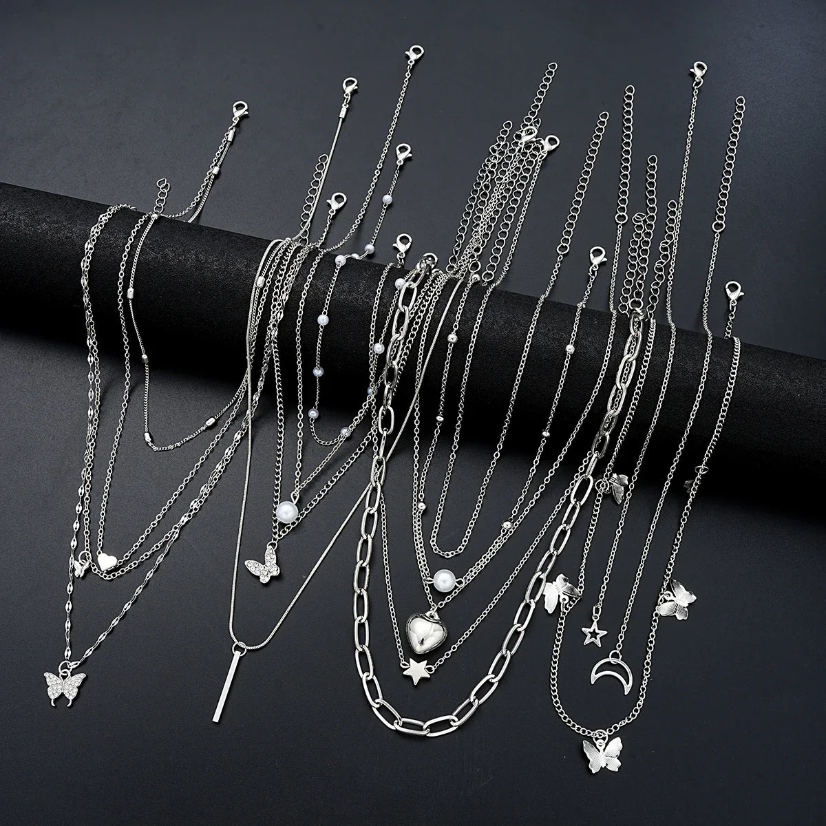 NNEOBA 13-Piece Womens Silver Necklace Set with Charms