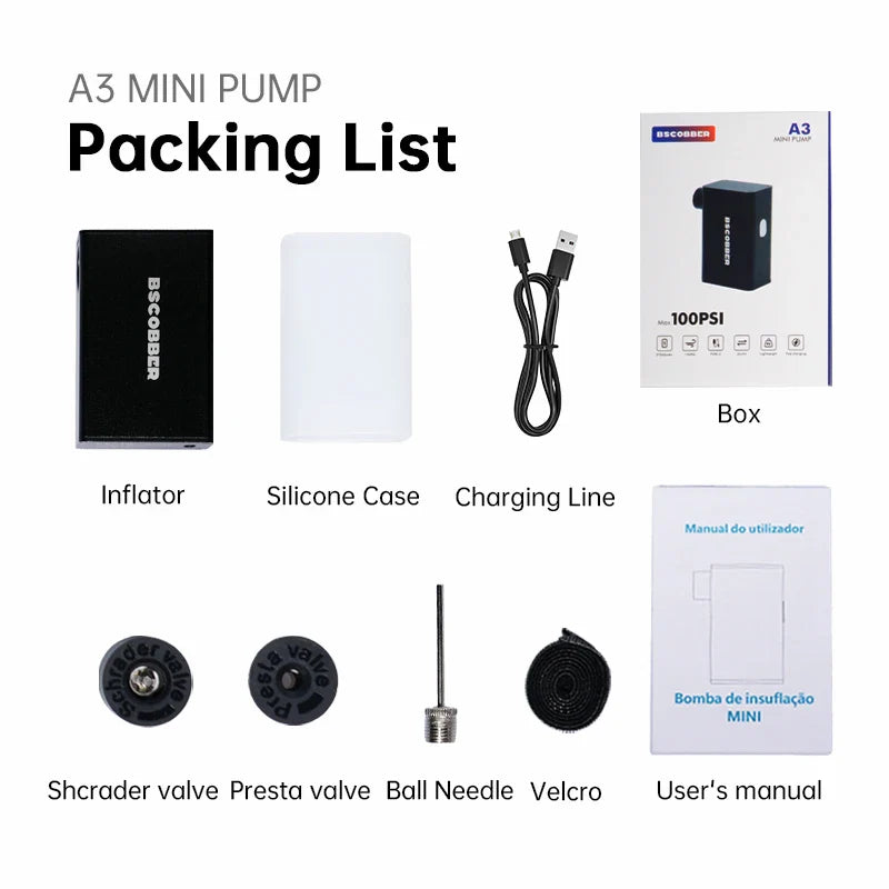 Mini Air Pump Bike 100PSI Rechargeable Wireless Compressor Black