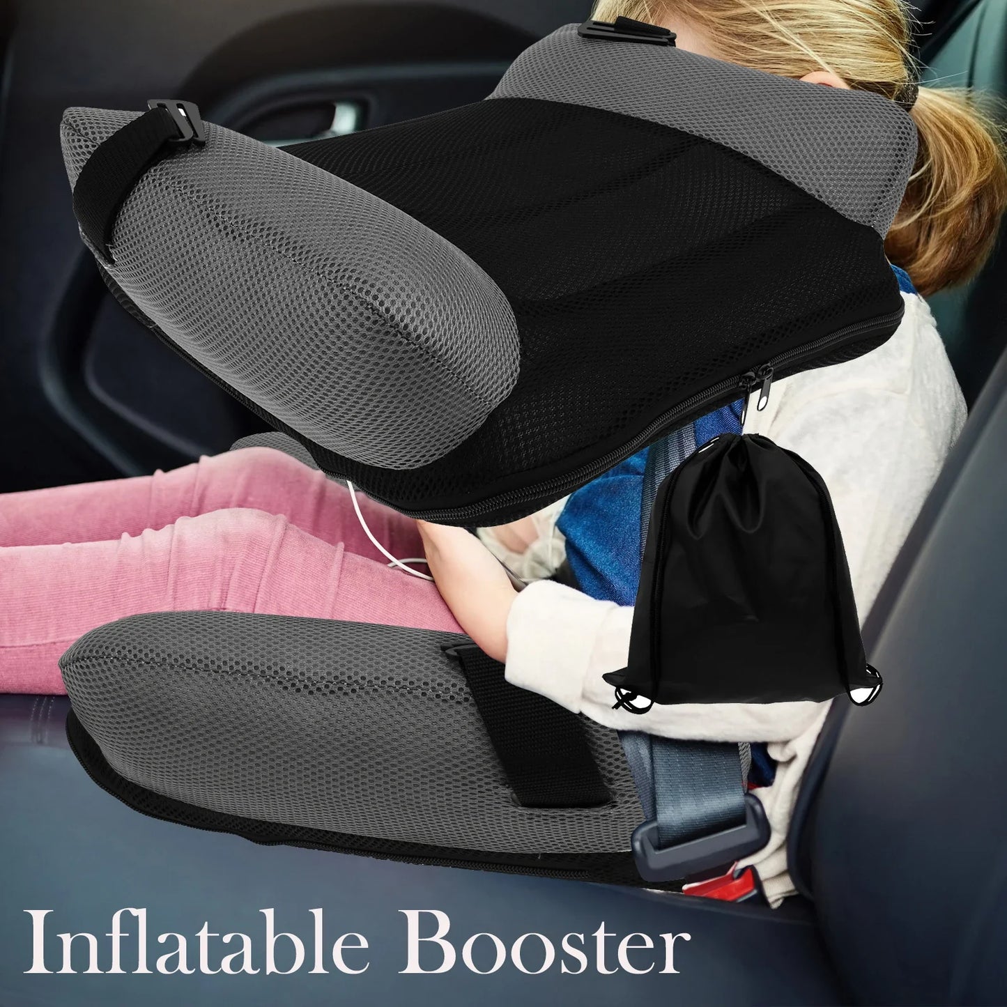 Inflatable Portable Car Booster Seat Cushion for Kids Toddlers Black