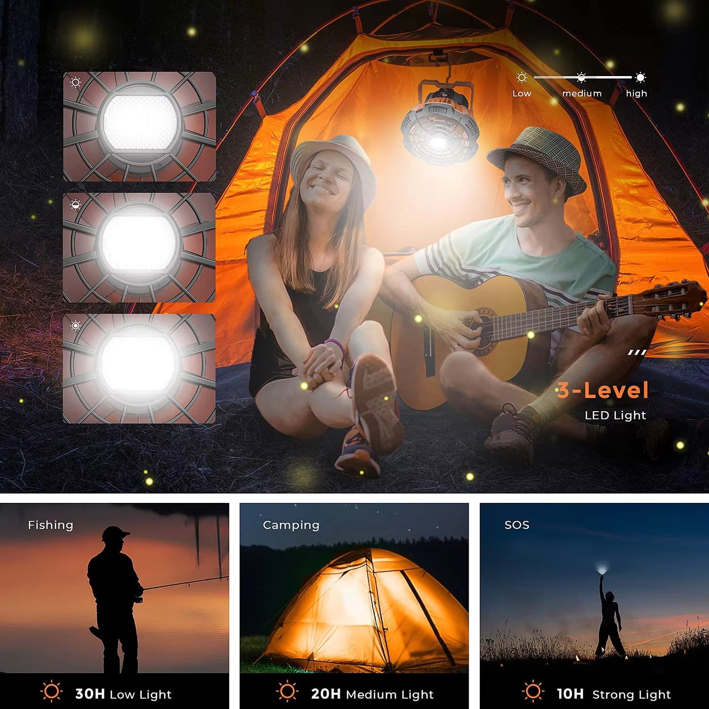 2-in-1 Rechargeable USB Tent Ceiling Fan with LED Light - Orange