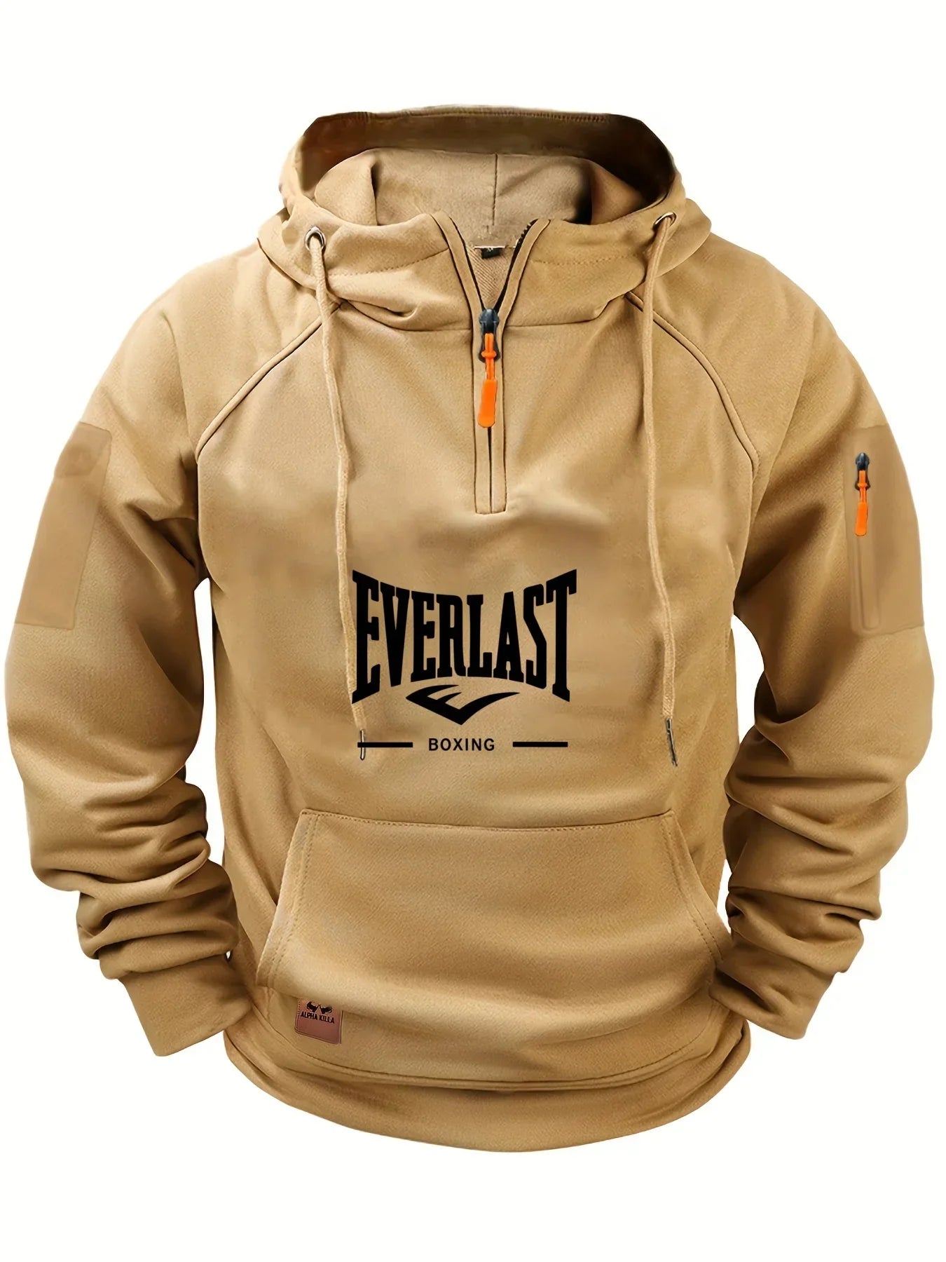 Men's Zipper Hoodie with Pockets and Print (Khaki)