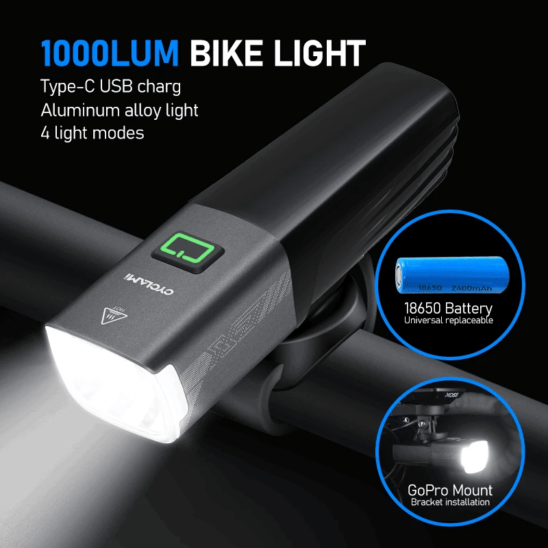 1000LM Smart Bike Headlight USB Rechargeable Black