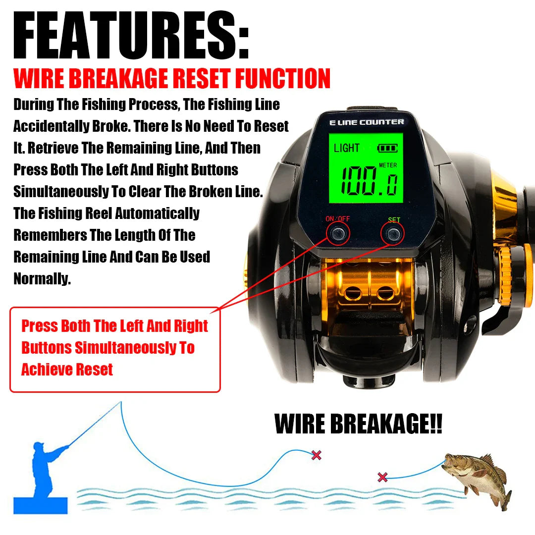 Electronic Baitcasting Reel 10kg Max Drag Alarm Counter Gold