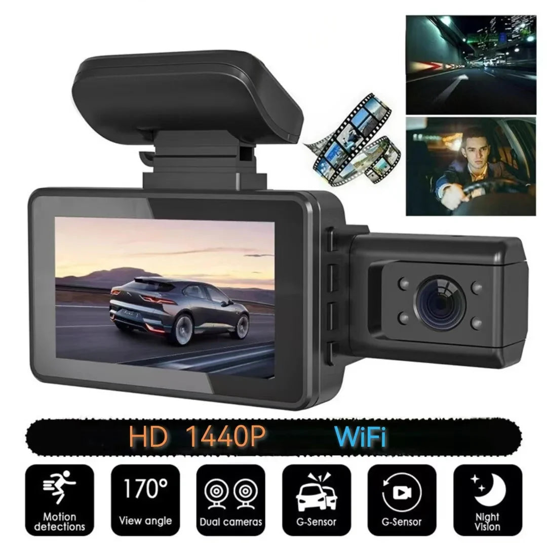 2K 1440P WiFi Dual Lens Dash Cam with Night Vision Black