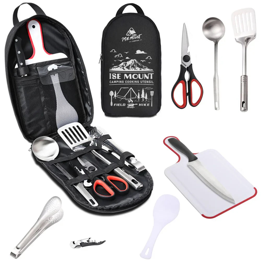 Portable Stainless Steel Camping Utensils Set - 9 Piece Cookware Kit in Black