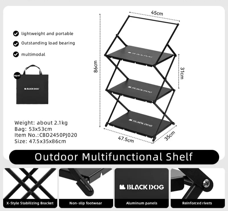 Camping Foldable Storage Organizer Rack Black