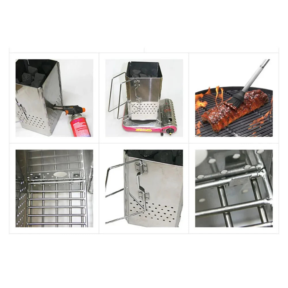 Portable Charcoal Starter & Folding BBQ Grill Stainless Steel Silver