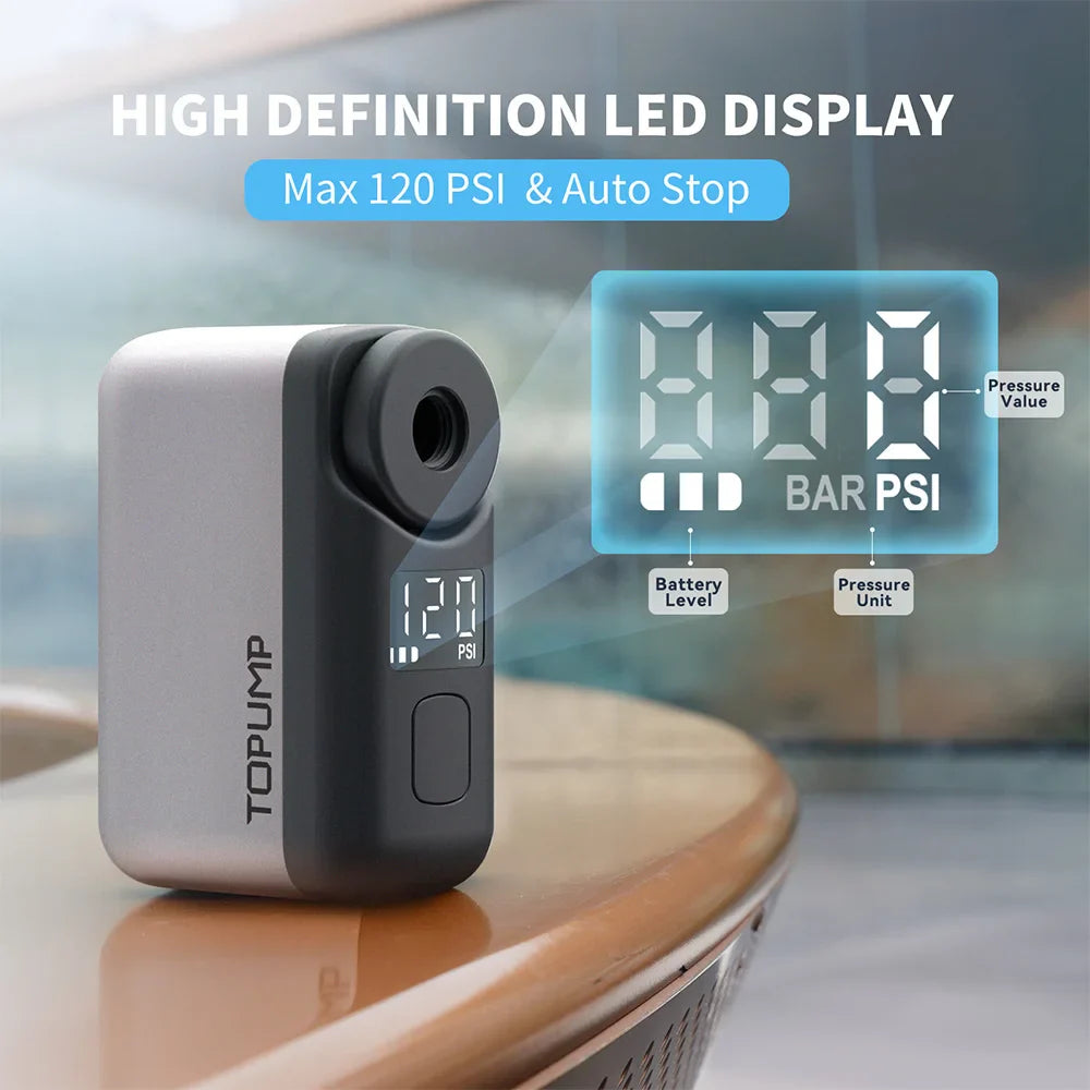 Mini Cordless Electric Bike Pump 120 PSI Tire Inflator with Screen Grey