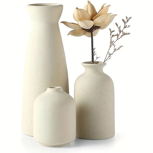 Set of 3 Ceramic Vases Rustic Farmhouse Decorative Beige
