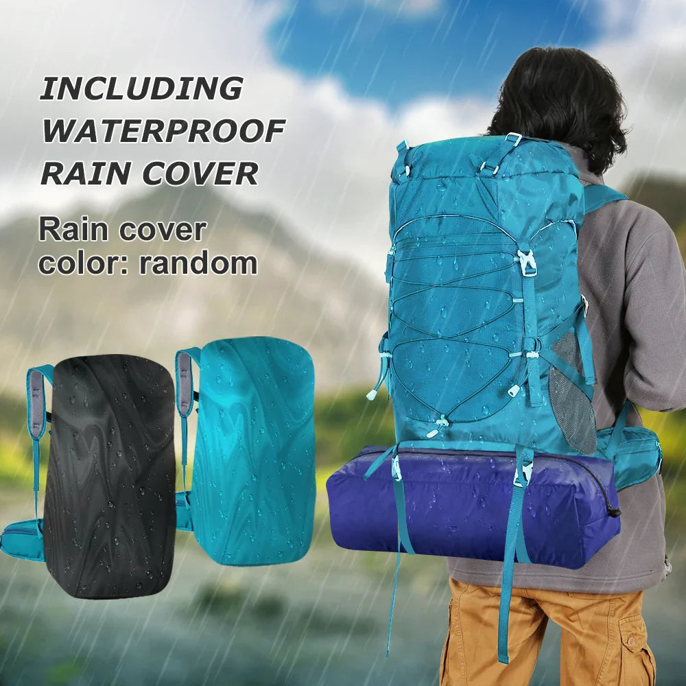 50L Hiking Backpack with Rain Cover Waterproof Rucksack Blue