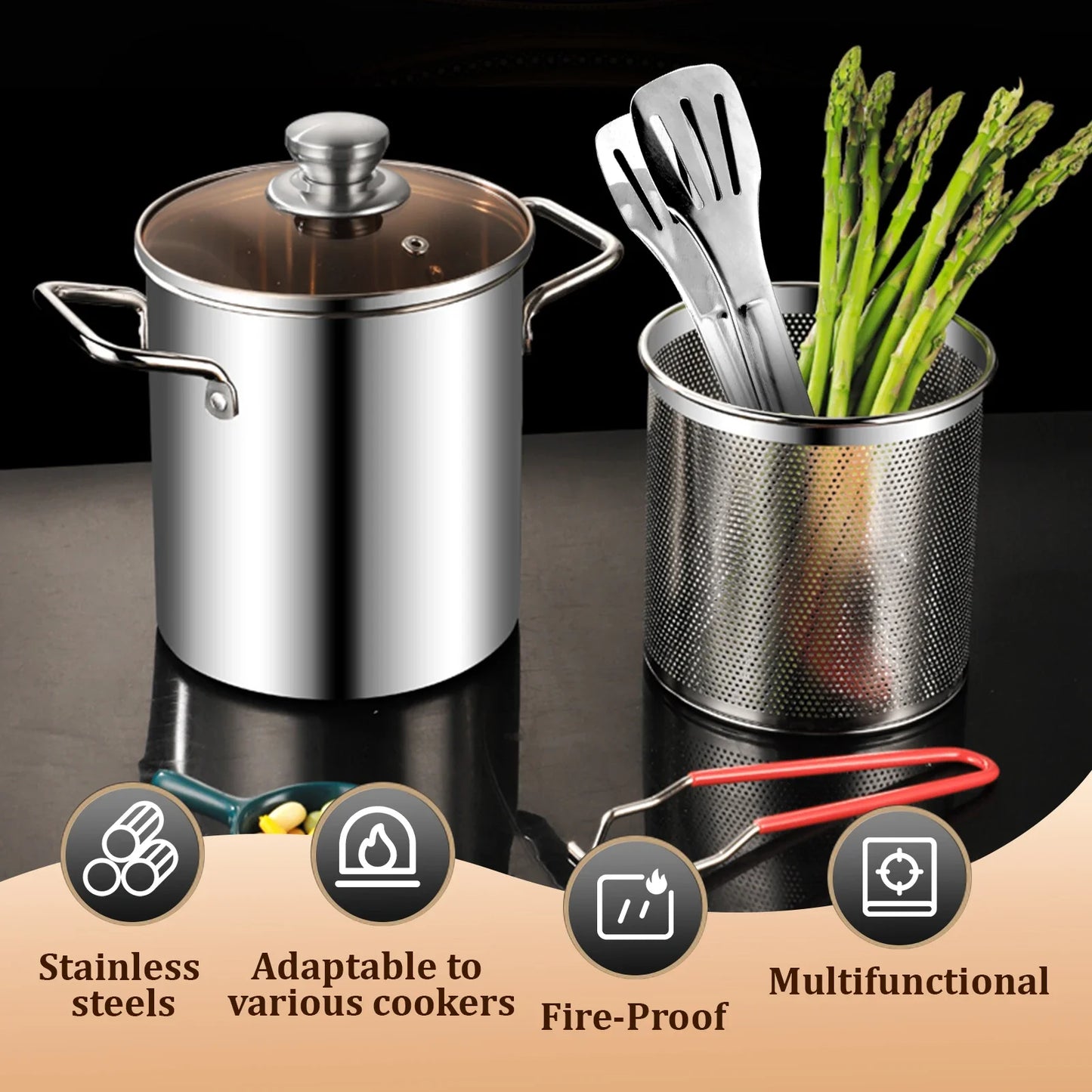 3PCS Deep Fryer Pot Set 304 Stainless Steel Fry Silver