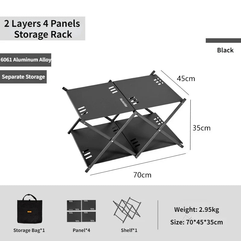 2-Layer Folding Storage Rack Camping Shelf Black
