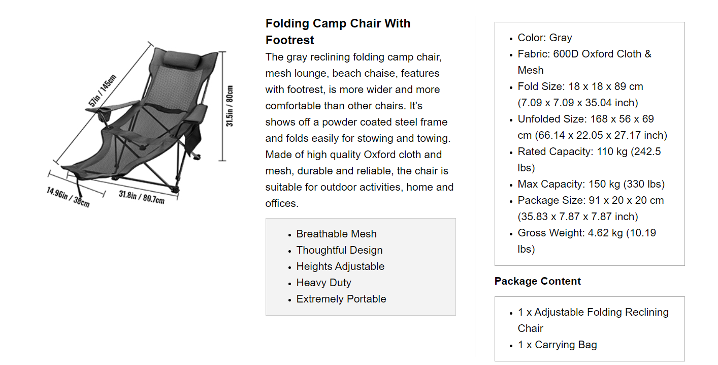 Outdoor Folding Camp Chair with Backrest & Footrest