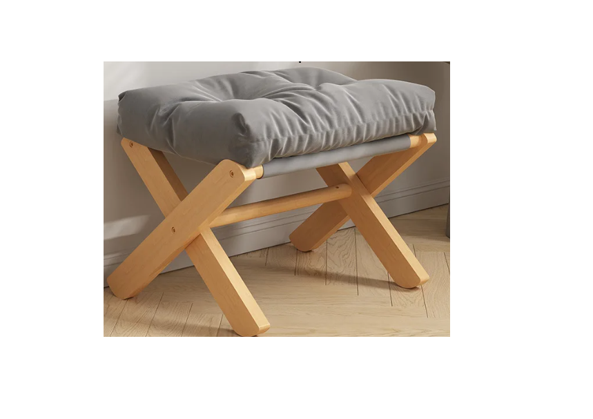 Foldable Solid Wood Low Stool with Paste-Style Grey Seat Cushion