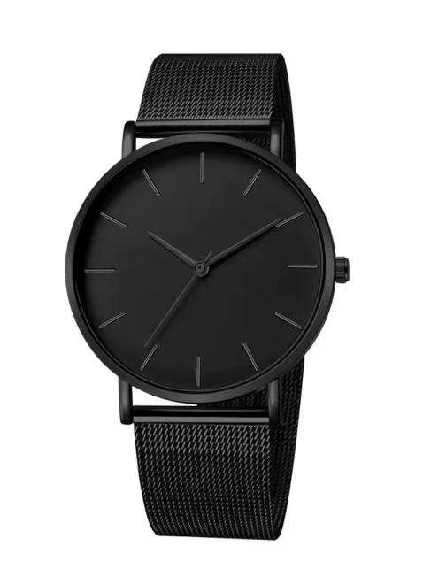 Men’s Ultra Thin Magnetic Bracelet Quartz Watch - All-Black Slim Mesh Steel