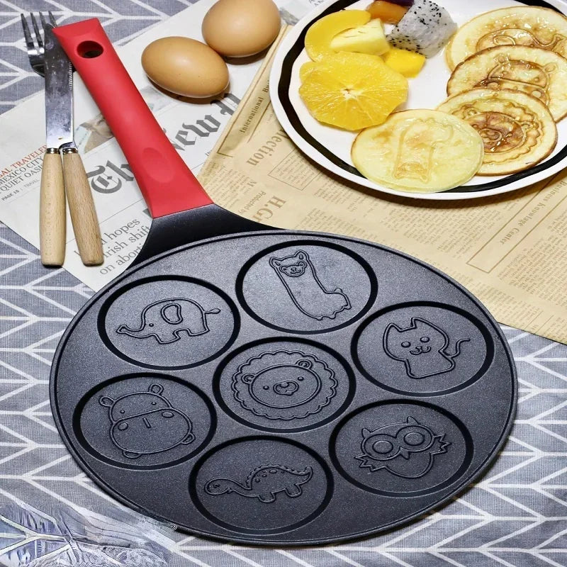 Seven-Hole Animal Face Pancake Frying Pan Non-Stick Black