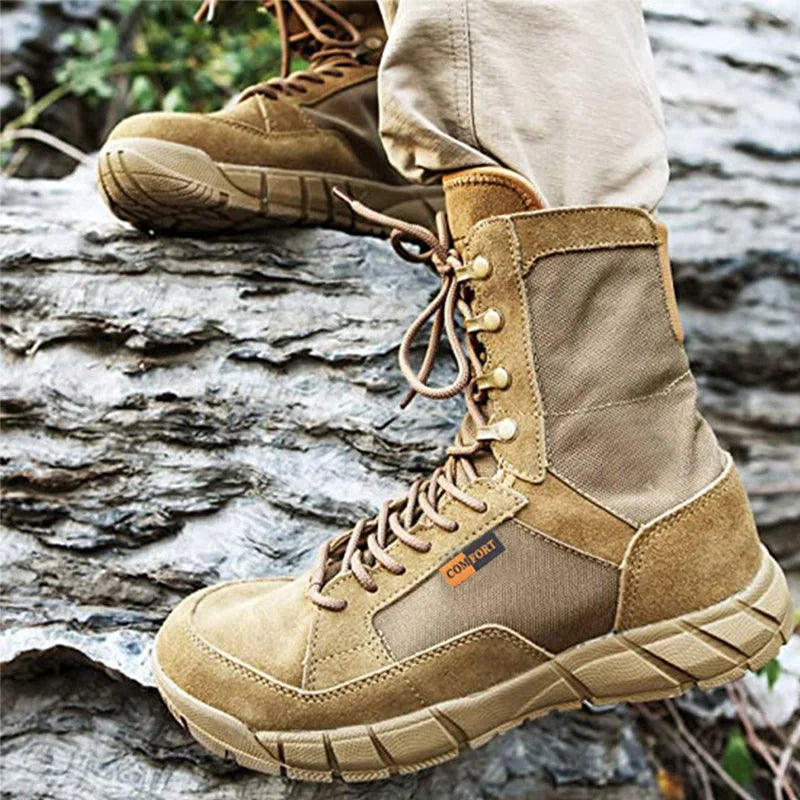 Mens Tactical Mid-Calf Combat Boots (Brown No Zip)