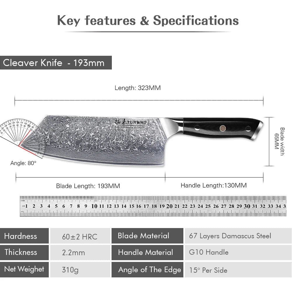 7.5-Inch Damascus Steel Cleaver Knife G10 Handle Black