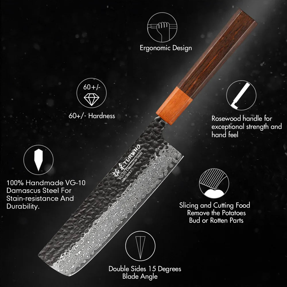 7-Inch Hand-Forged Japanese Nakiri Knife 67-Layer Damascus Steel Brown