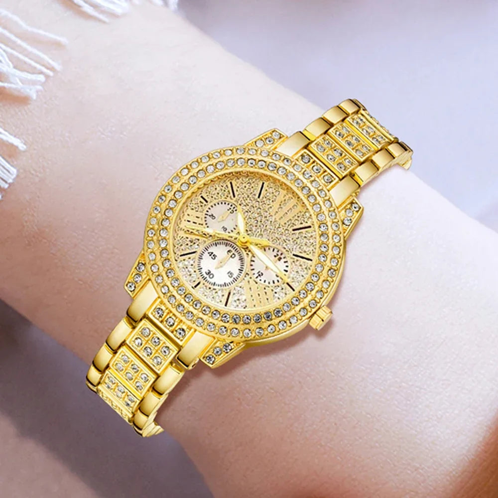 Women's Gold Quartz Watch Jewelry Gift Set