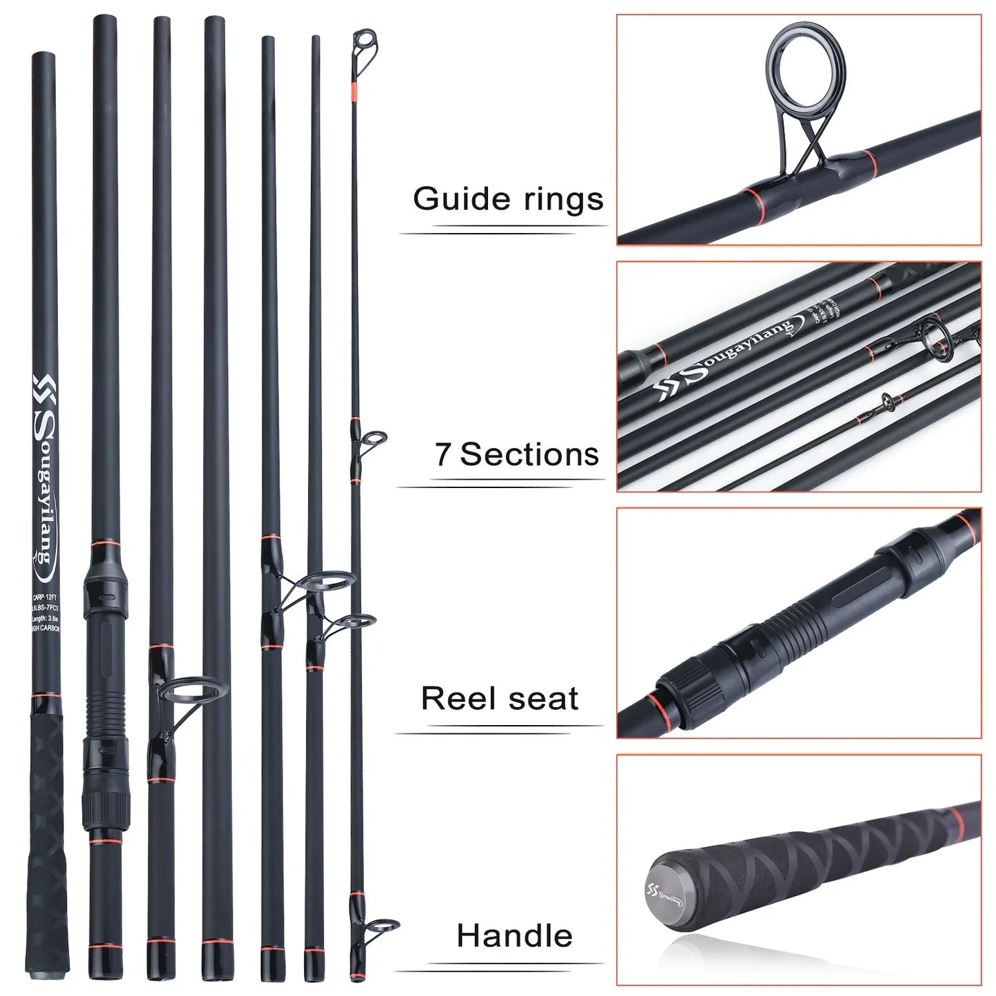 3.6M Portable Carbon Fiber Carp Spinning Rod Black