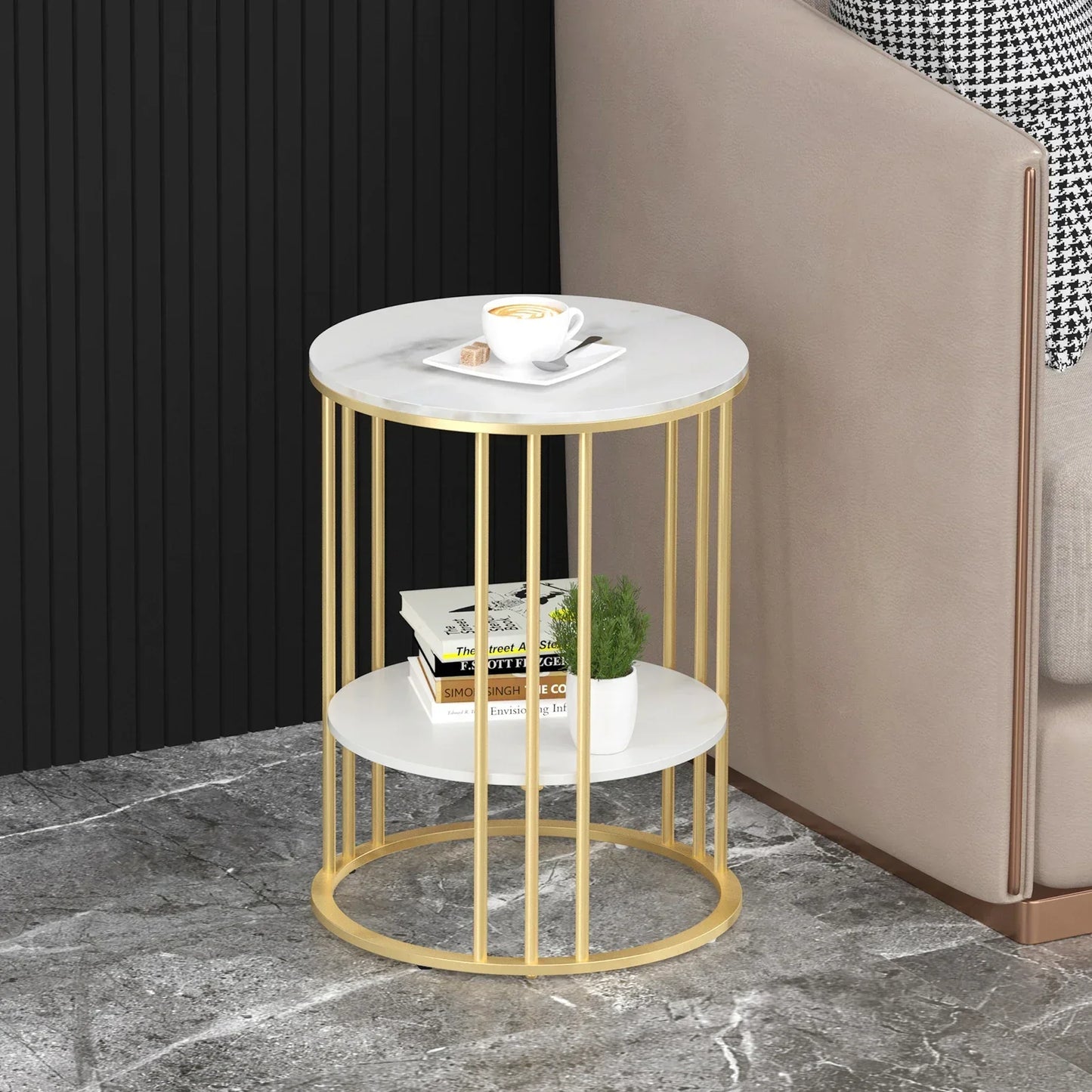 Round Marble Accent Table - Gold Frame, 2-Tier Nightstand