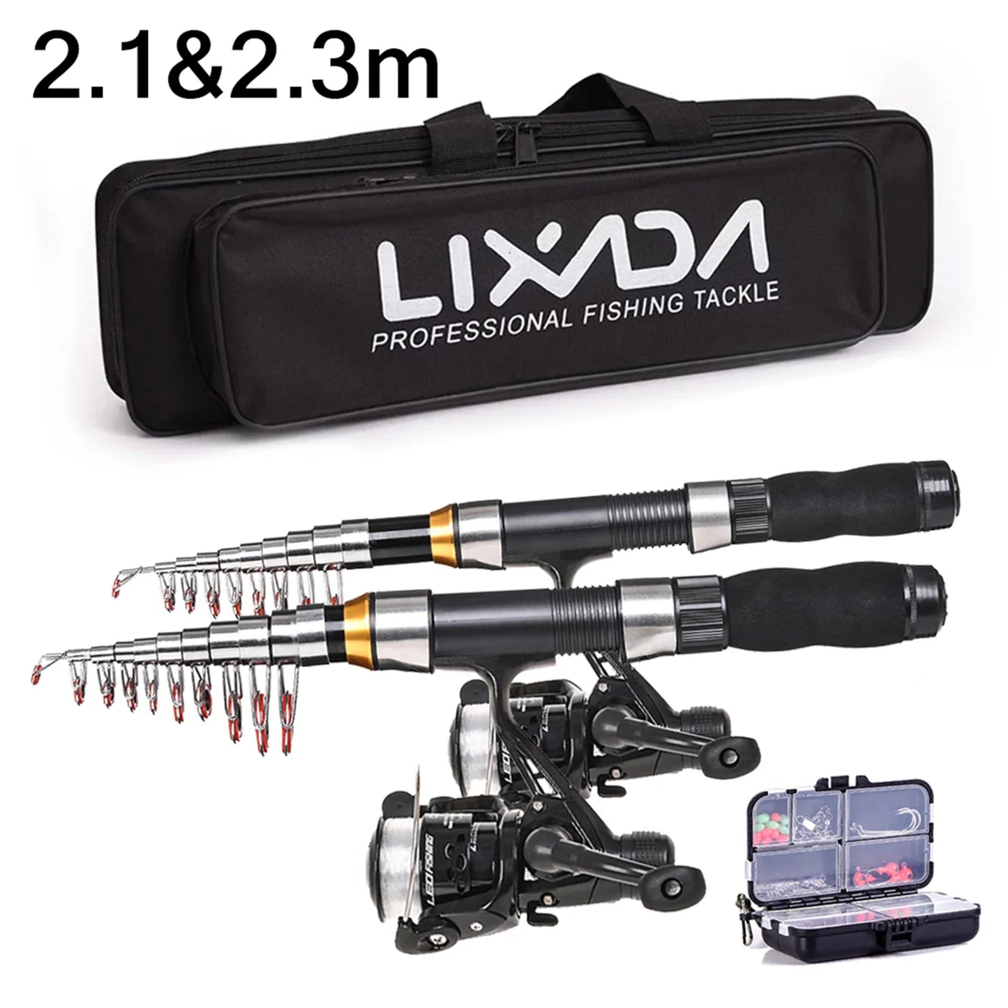 2.1m / 2.3m Telescopic Fishing Rod & Reel Combo Full Kit Black