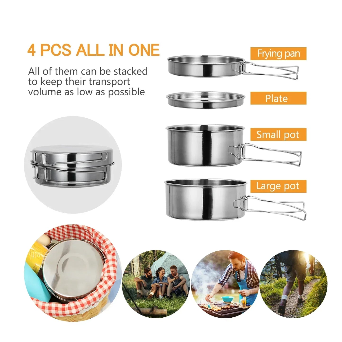 Outdoor Stainless-Steel Camping Cookware Set - Silver