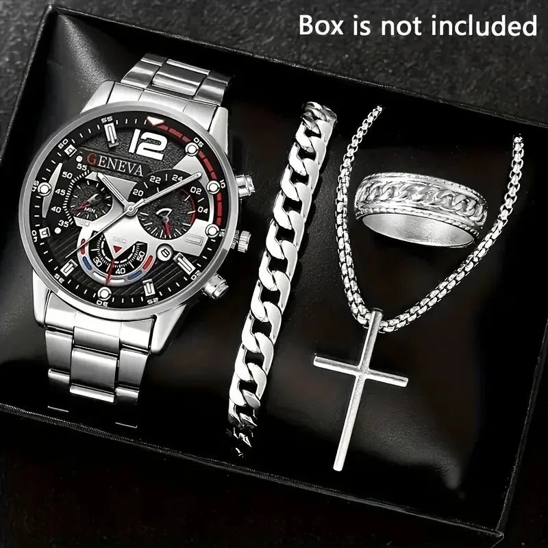 4PCS Men's Stainless Steel Quartz Watch Set (W118-C)