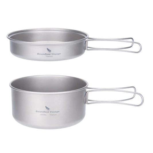 Titanium Camping Cookware Set Pan with Folding Handles Silver