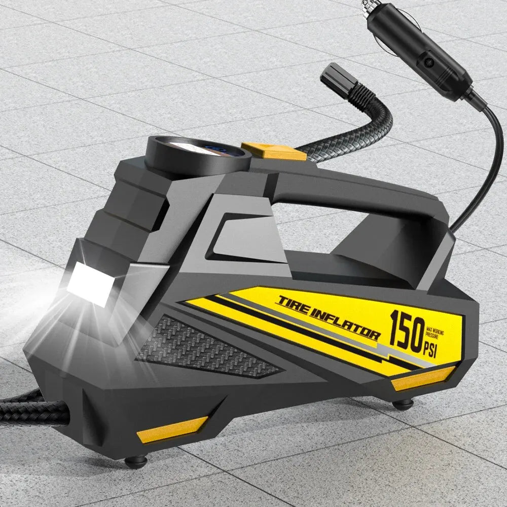 Corded Portable Car Air Pump 12V 150PSI Electric Tire Inflator with LED Yellow