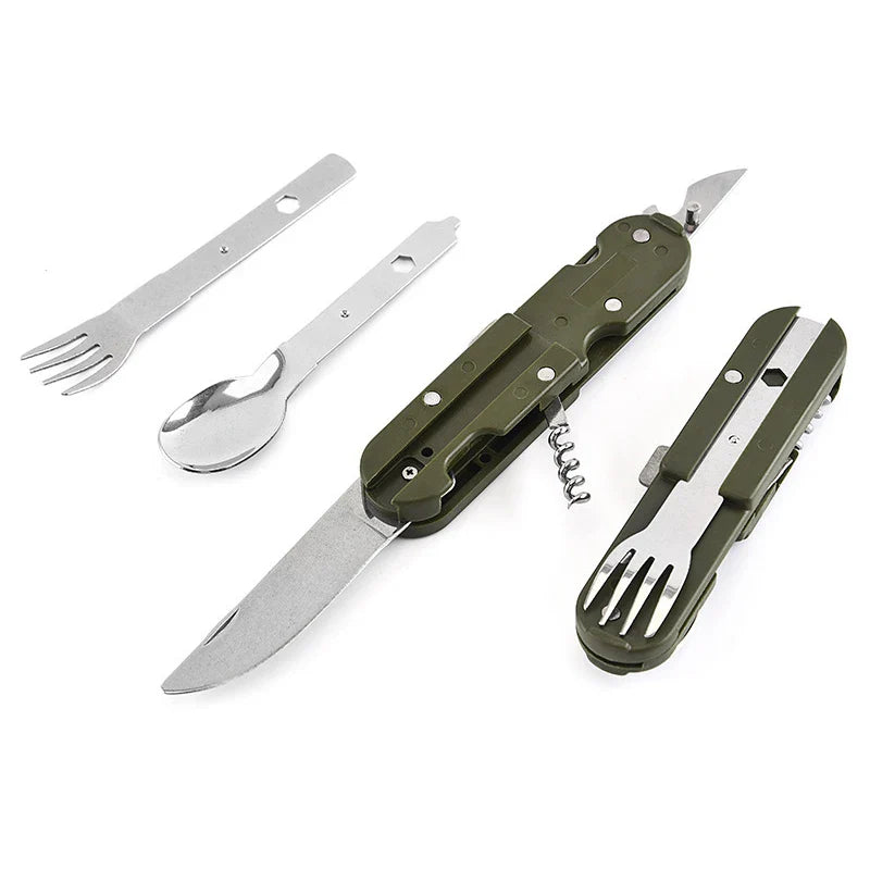 7-in-1 Folding Camping Cutlery Set with Storage Bag Green