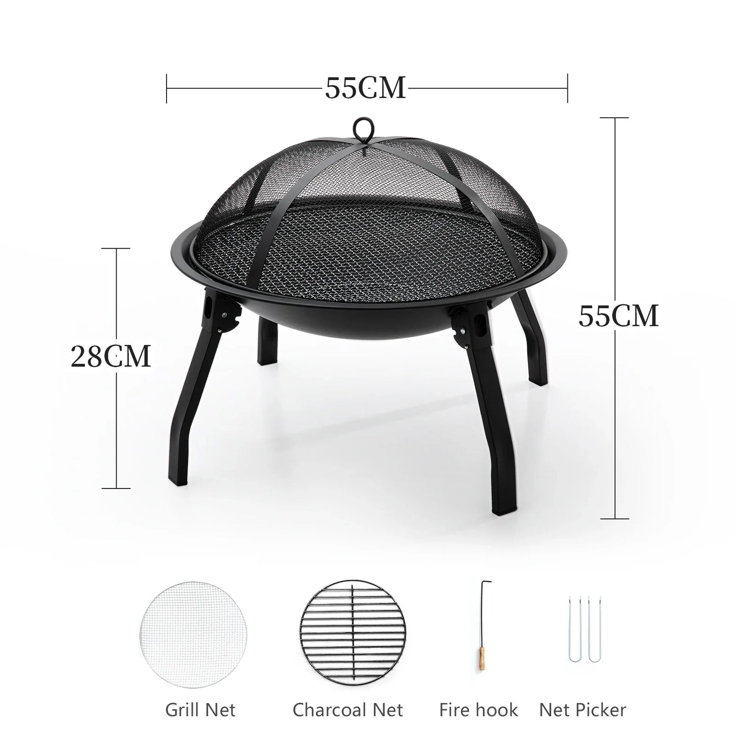 Outdoor Charcoal Fire Pit Portable Iron Fire Bowl with Folding Legs Black