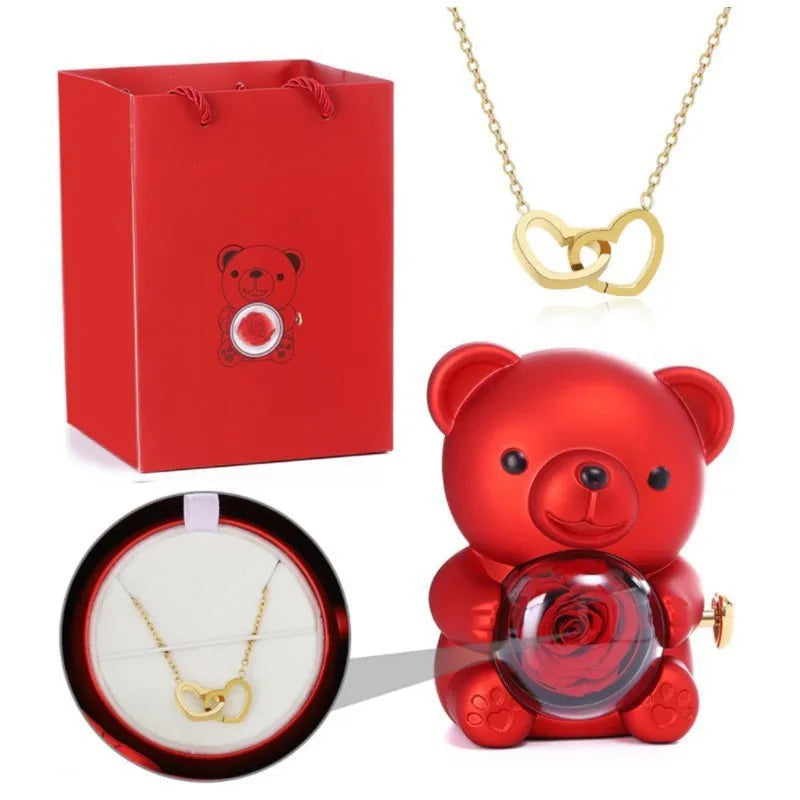 Teddy Bear Gift Box with Rose Jewelry Storage (Red)
