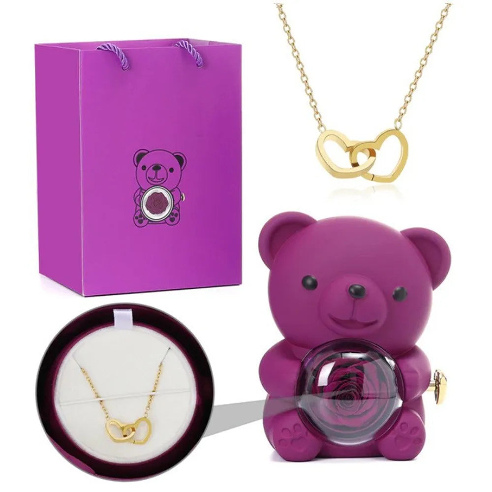 Teddy Bear Gift Box with Rose Jewelry Storage (Purple)